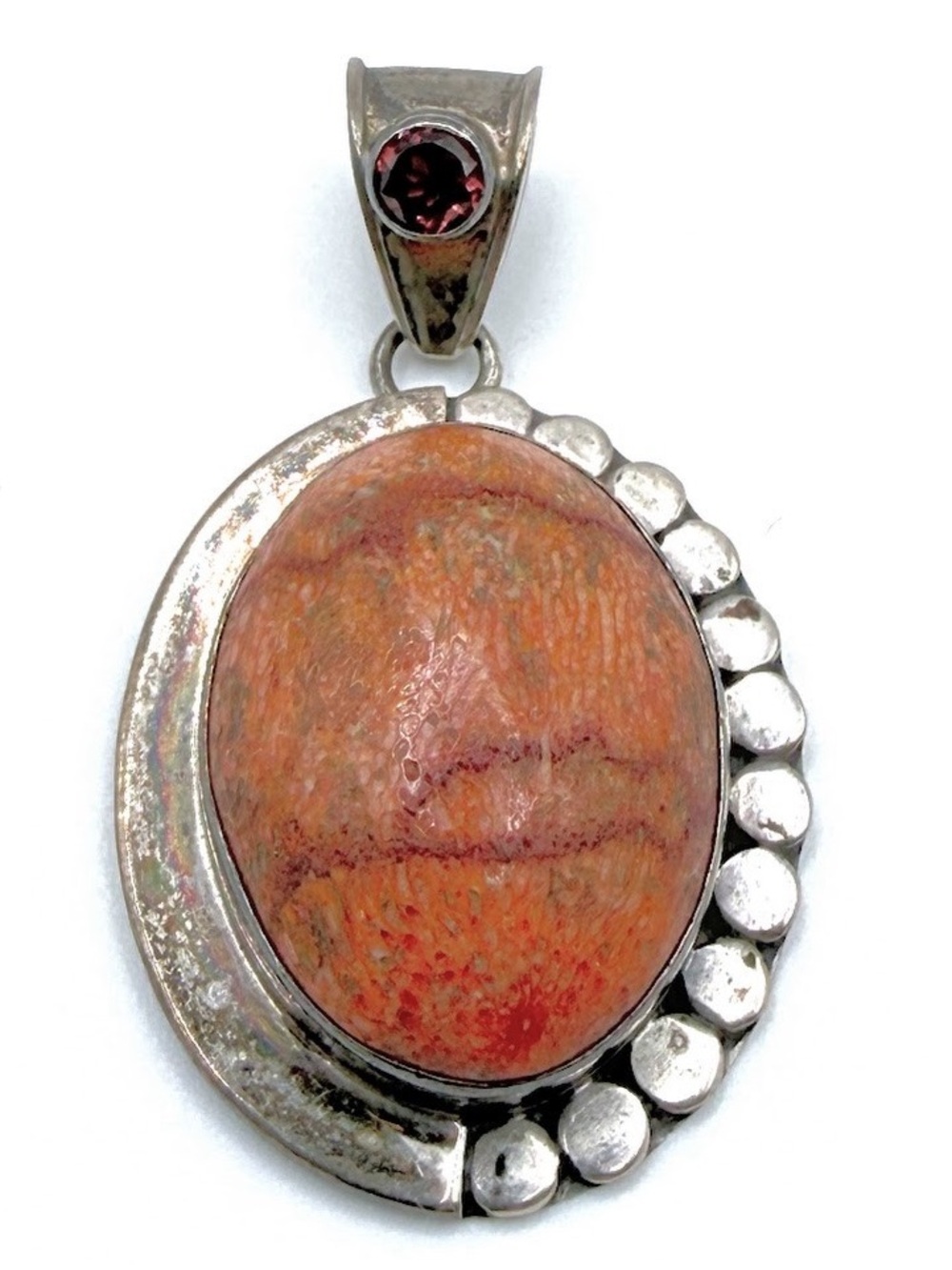 VintageSterling Silver Orange Jasper Pendant with Garnet Accent